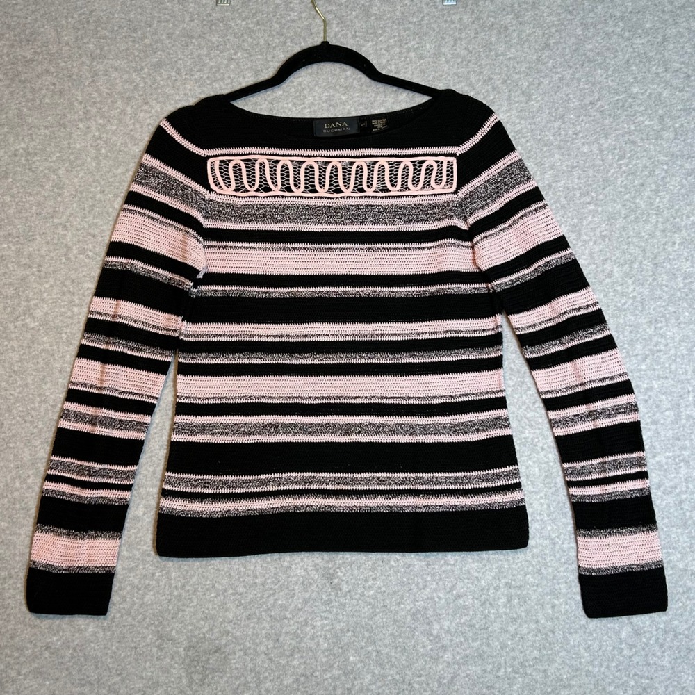 Dana Buchman Silk Sweater Womens S Black Pink Striped Openwork Boat Neck Y2K